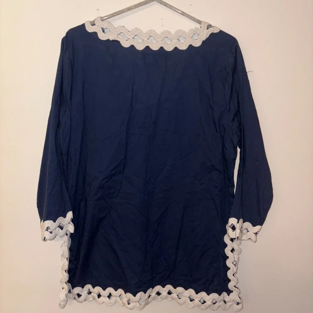 Gretchen Scott Womens L Tunic Blouse Swim Cover Navy w/ White Ric Rac - Picture 6 of 6